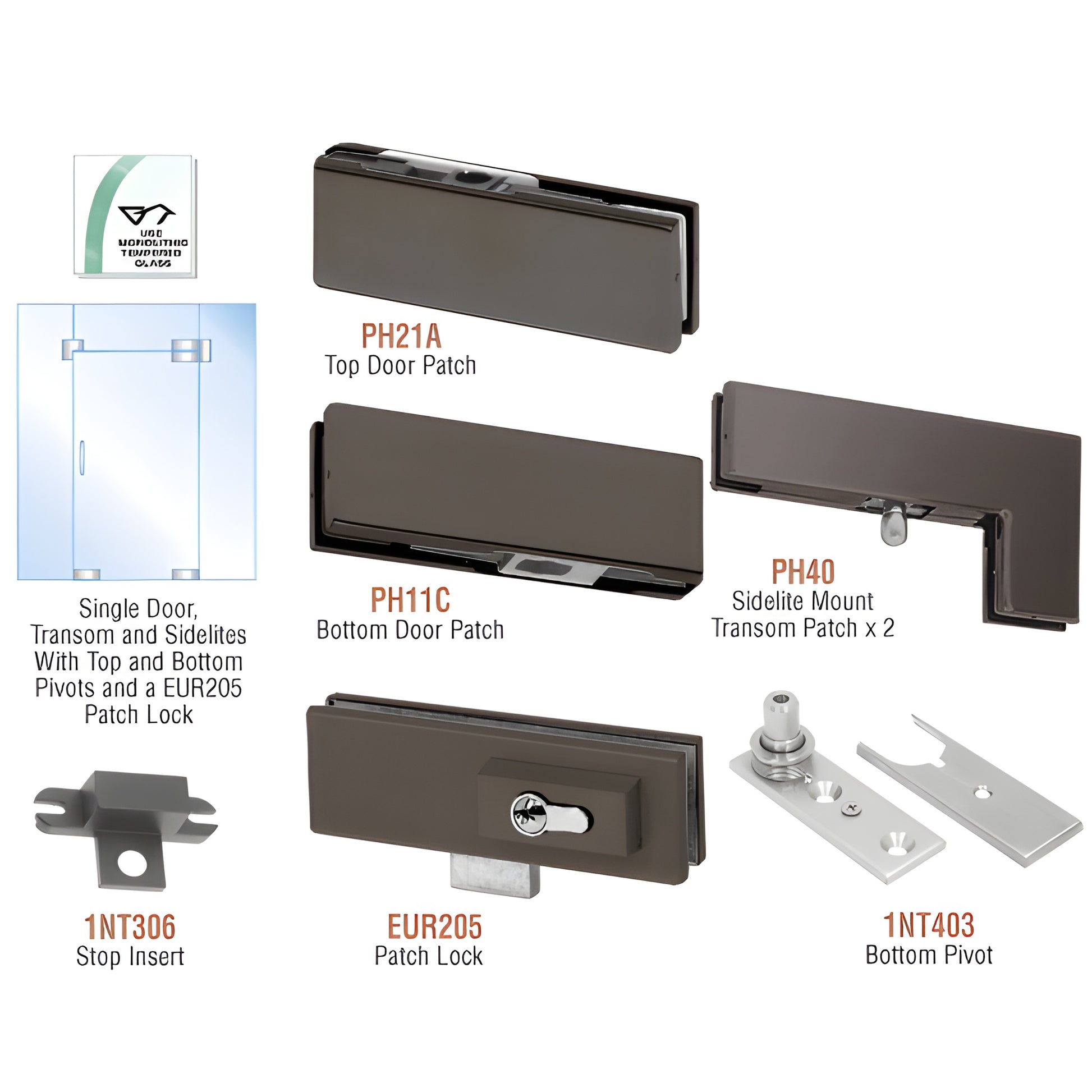 CRL PHE5LDU European pivot door kit - black bronze patch fittings, top/bottom patches, sidelite transom patches, pivot, lock.