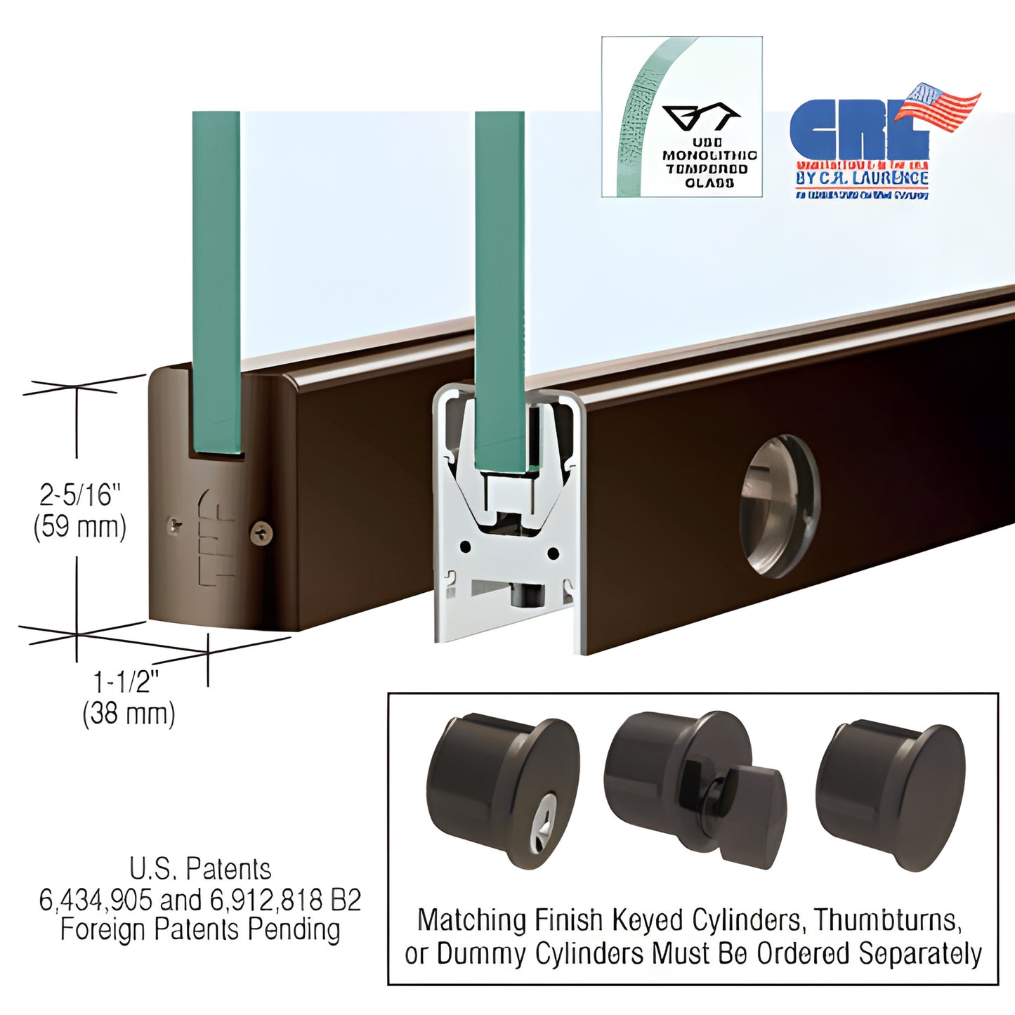 Low-profile aluminum door rail, 35-3/4" long, black bronze anodized, 2-5/16" tall, fits 1/2" glass, includes lock.