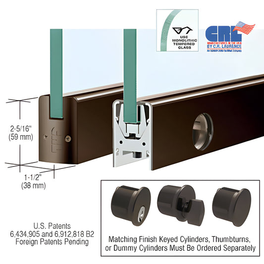 Low-profile aluminum door rail, 35-3/4" long, black bronze anodized, 2-5/16" tall, fits 1/2" glass, includes lock.