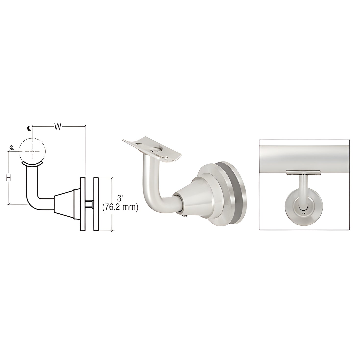 HR2DGMA aluminum mill-finish glass-mounted adjustable handrail bracket for 11 2"-2" tubing, includes mounting disc and screws.