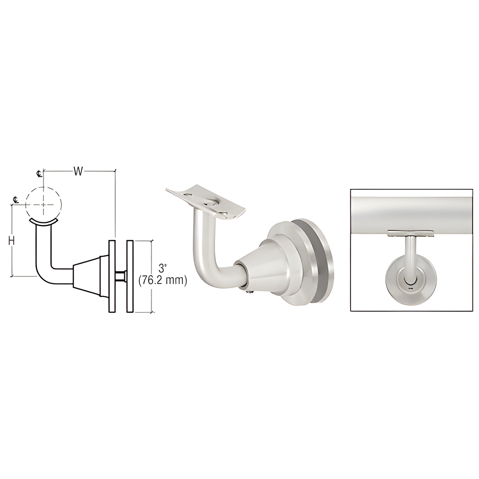 HR2DGMA aluminum mill-finish glass-mounted adjustable handrail bracket for 11 2"-2" tubing, includes mounting disc and screws.