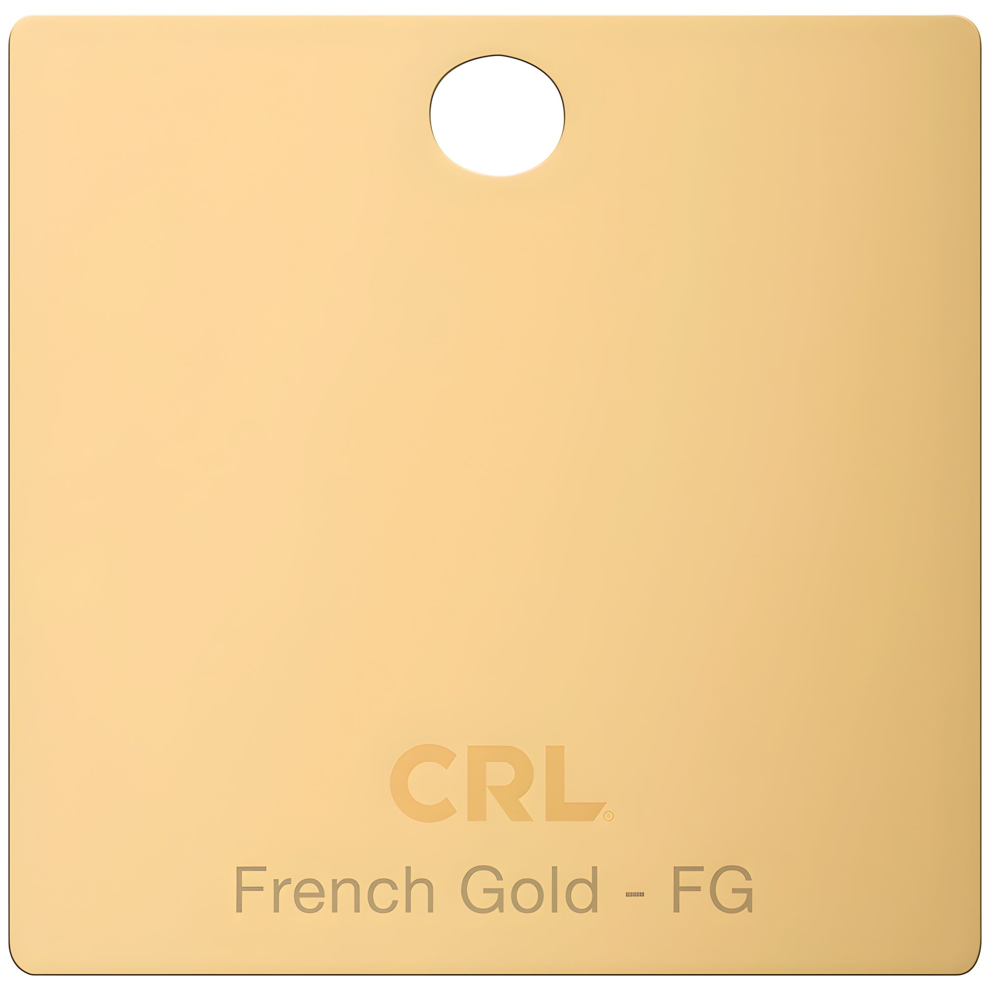 CRL French Gold brass hinge finish sample chip with hanging hole, labeled "French Gold - FG" SKU CH2PFG