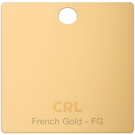 CRL French Gold brass hinge finish sample chip with hanging hole, labeled "French Gold - FG" SKU CH2PFG