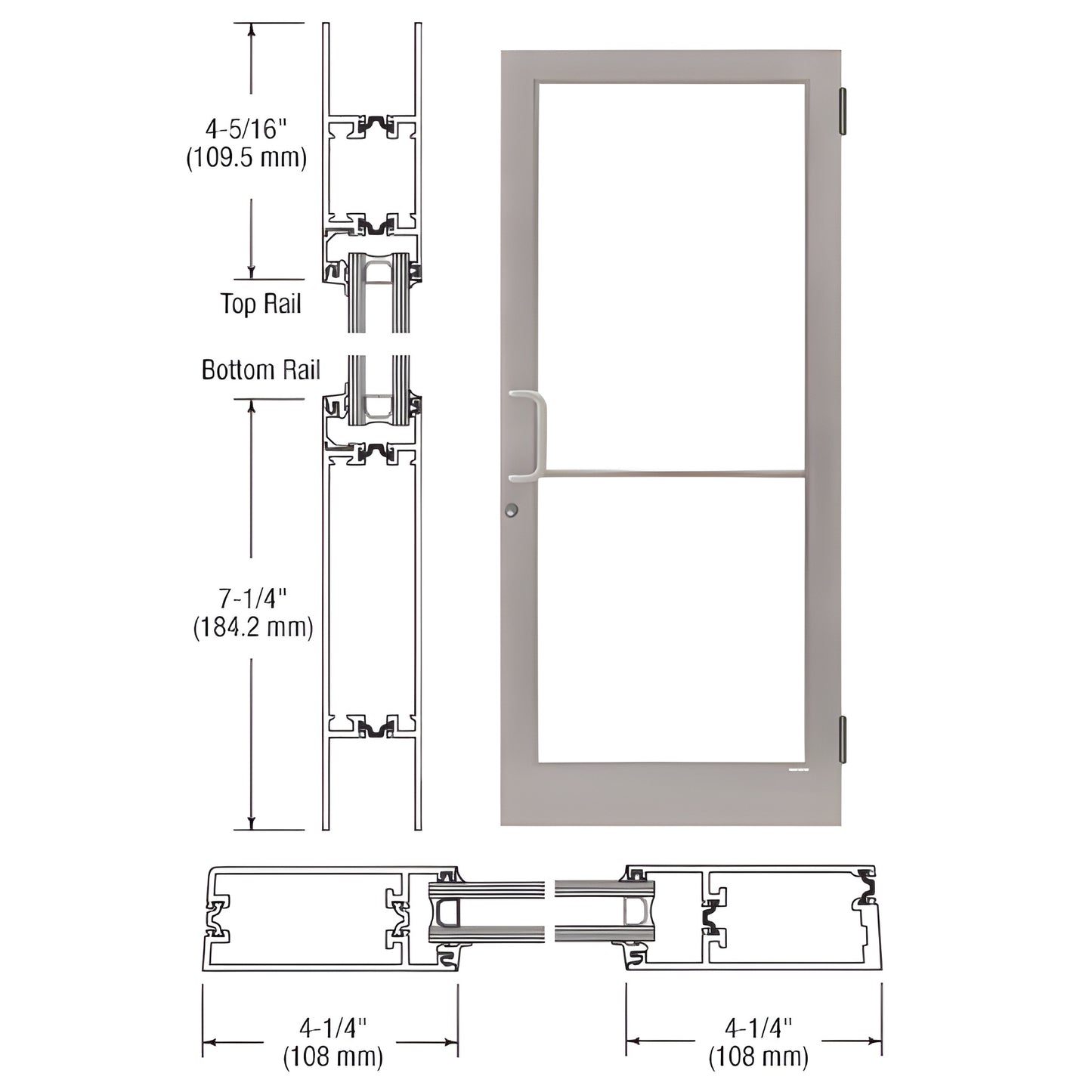 CRL medium stile aluminum entrance door SKU 1D41511, clear anodized, 4-1/4" stiles, push/pull hardware, glass not included