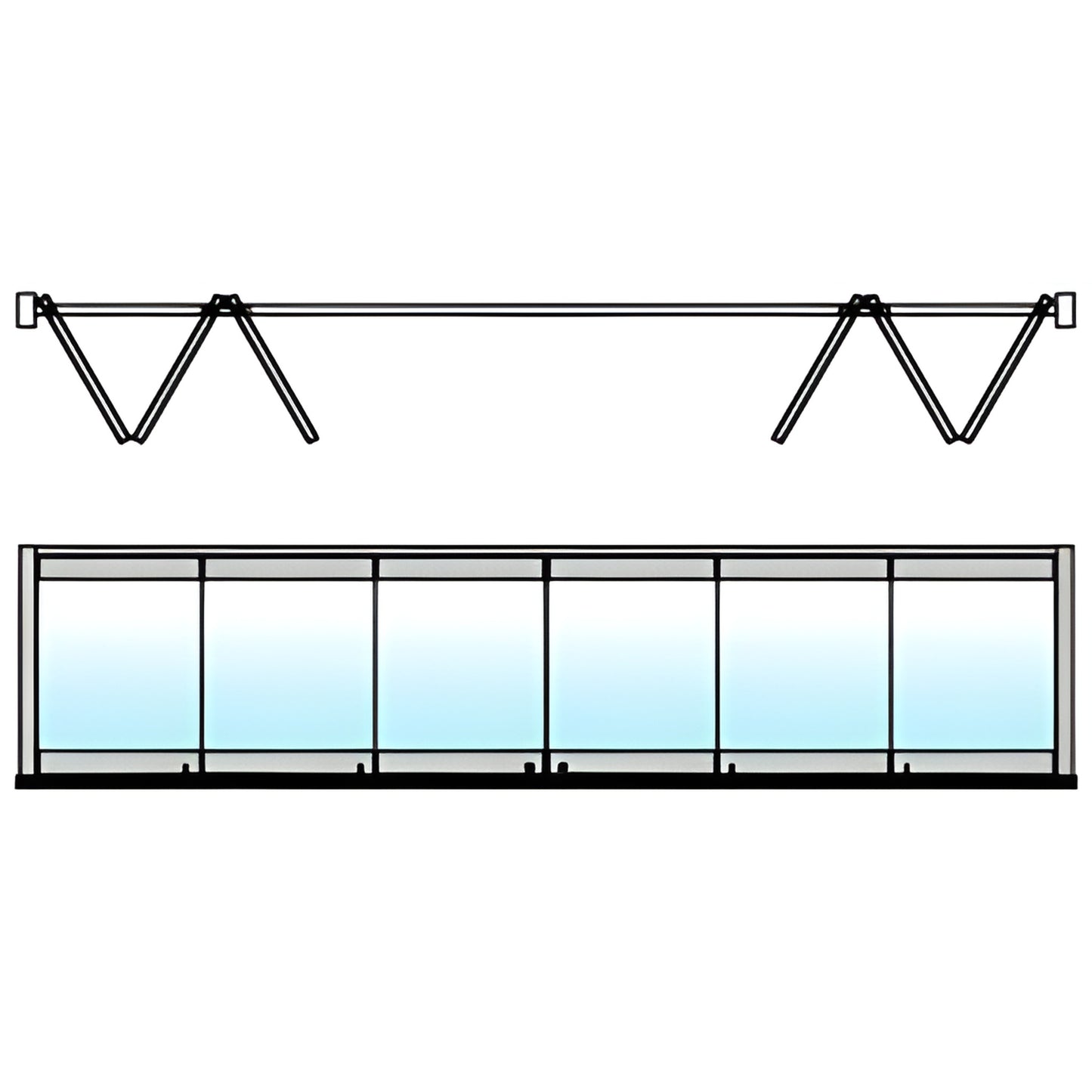 Overhead-track full-panel bi-fold door system SKU 0TB6BPSA, satin anodized frame with tempered glass panels, 3 per side