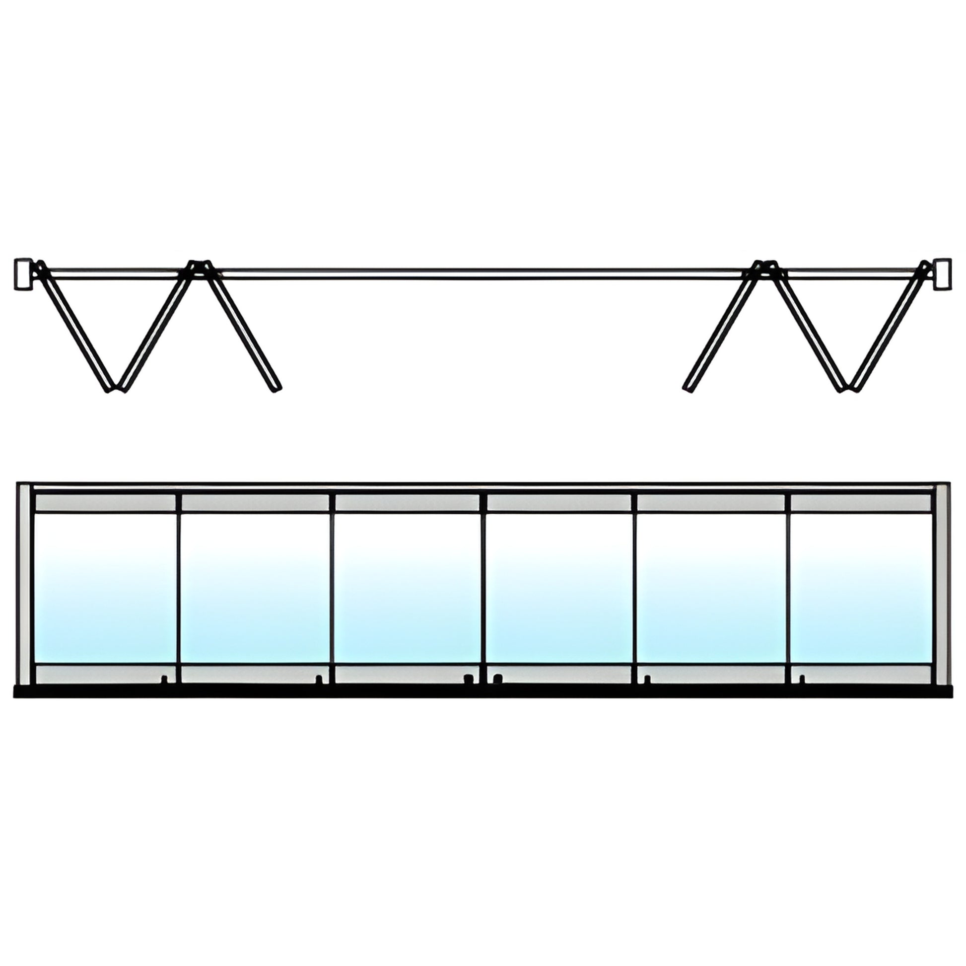 Overhead-track full-panel bi-fold door system SKU 0TB6BPSA, satin anodized frame with tempered glass panels, 3 per side