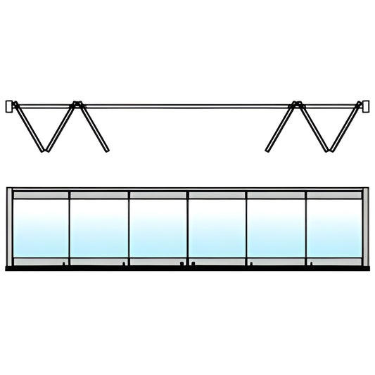Overhead-track full-panel bi-fold door system SKU 0TB6BPSA, satin anodized frame with tempered glass panels, 3 per side