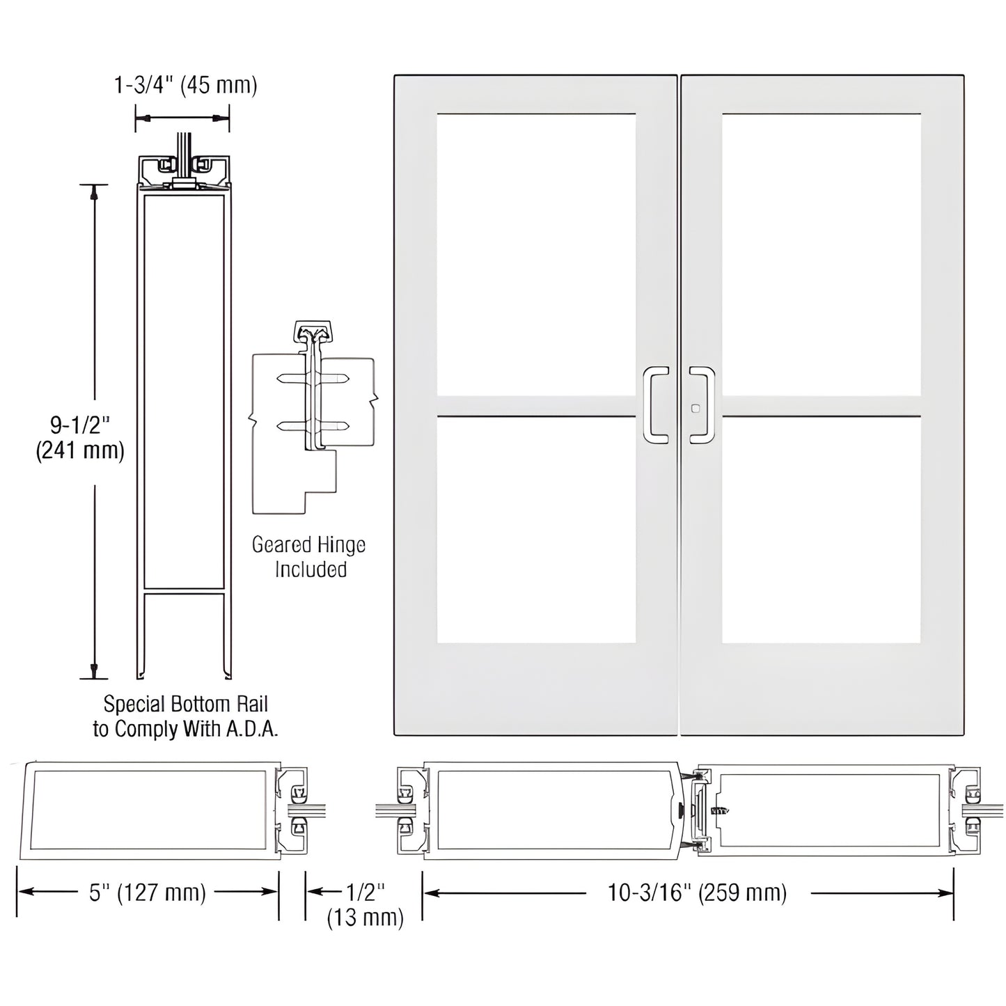 CZ52852 white Kynar wide-stile double entrance door, 5" stiles, 9.5" ADA bottom rail, accepts 1/4" tempered glass.