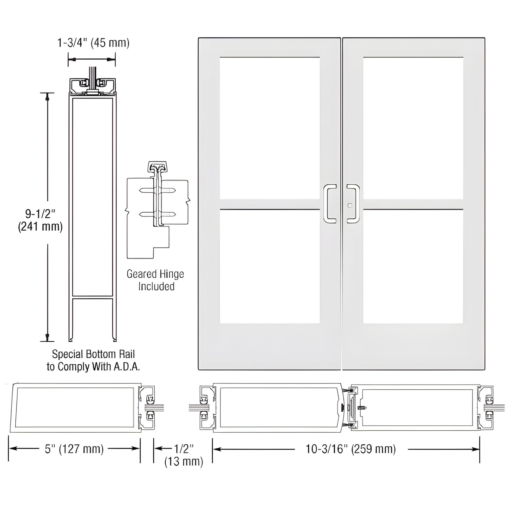 CZ52852 white Kynar wide-stile double entrance door, 5" stiles, 9.5" ADA bottom rail, accepts 1/4" tempered glass.