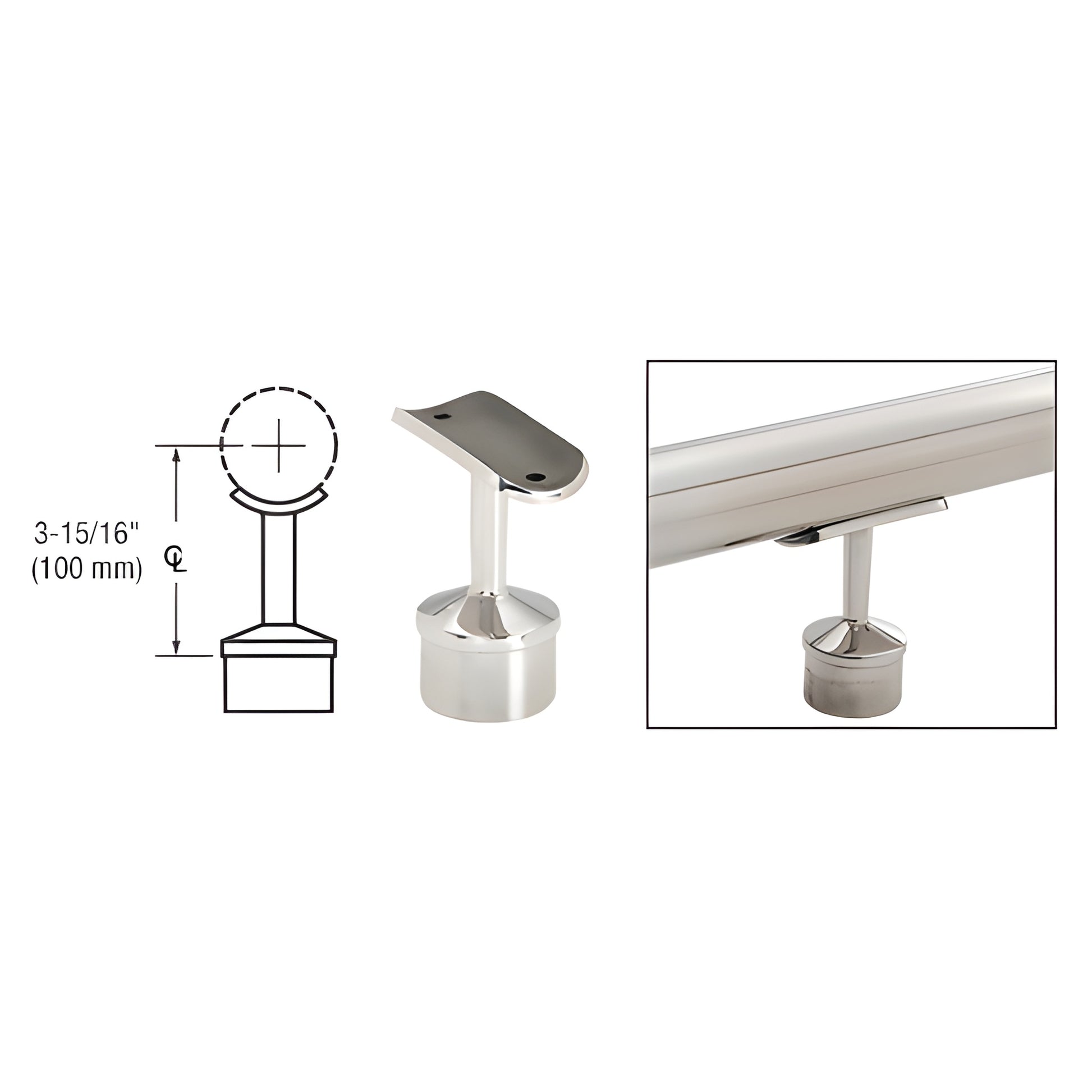 HR20VSPS polished stainless steel straight handrail saddle, ready-to-install mounting piece shown with rail