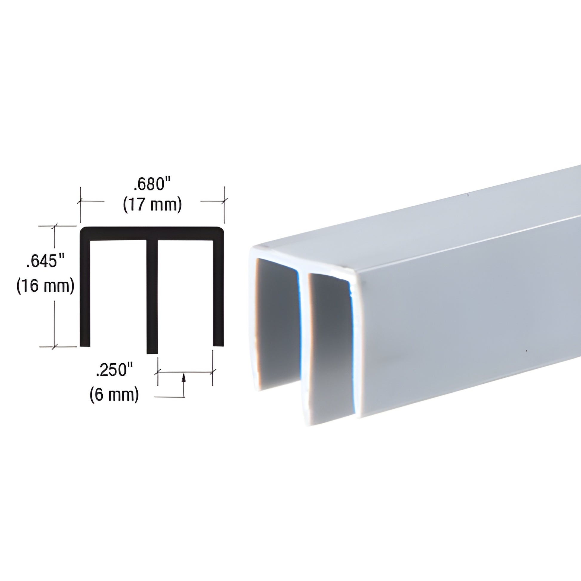 D716GRY gray extruded PVC upper track for 3/16" (5 mm) panels, double U channel, 0.68" 0.645" profile.