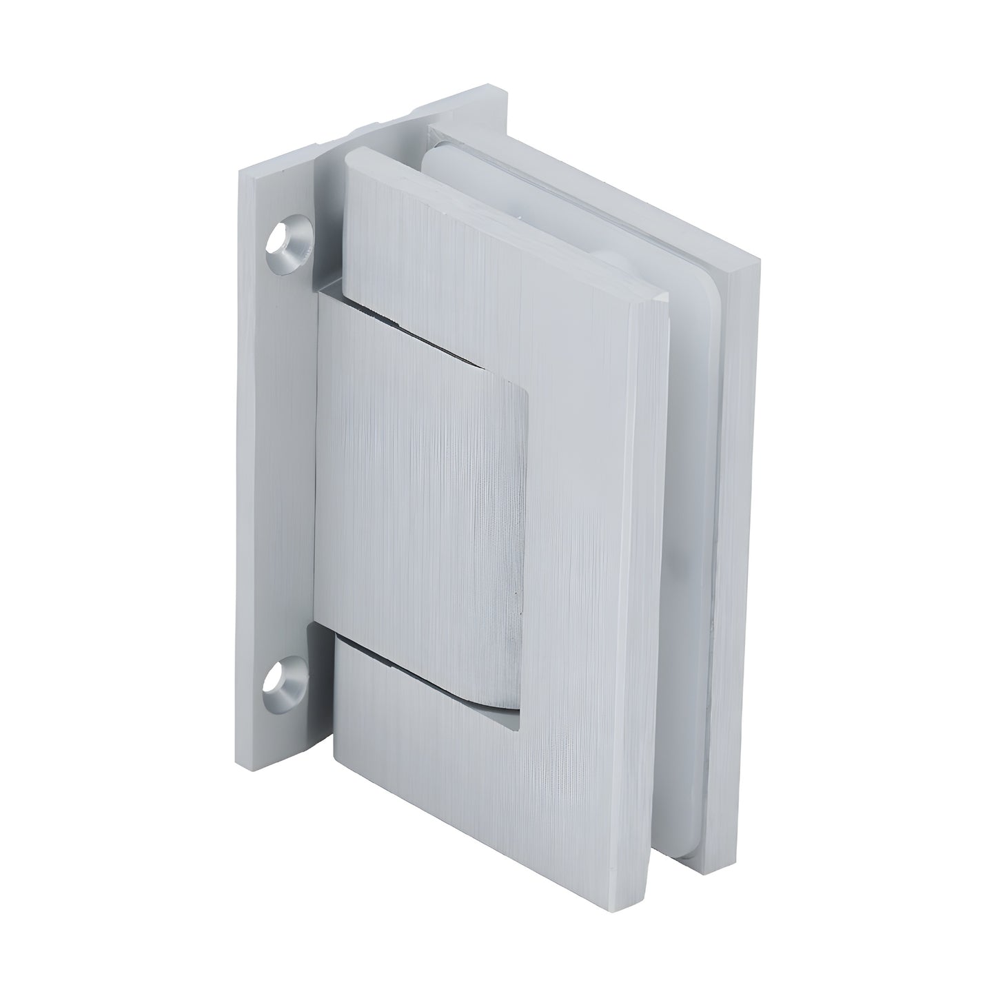 H8210BTSA satin-anodized aluminum oil-damped wall-mount hinge for 5/16-9/16 glass, self-closing, 90 swing