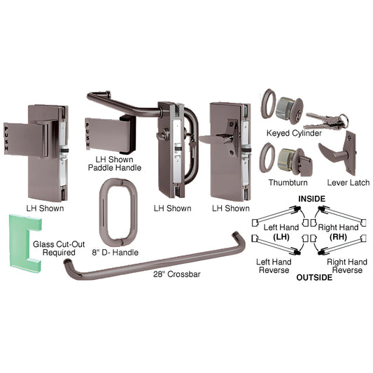 CRL DLL410DUC Black Bronze 4x10" center lock w/deadlatch for 1/2" glass, paddle handle, 28" crossbar shown
