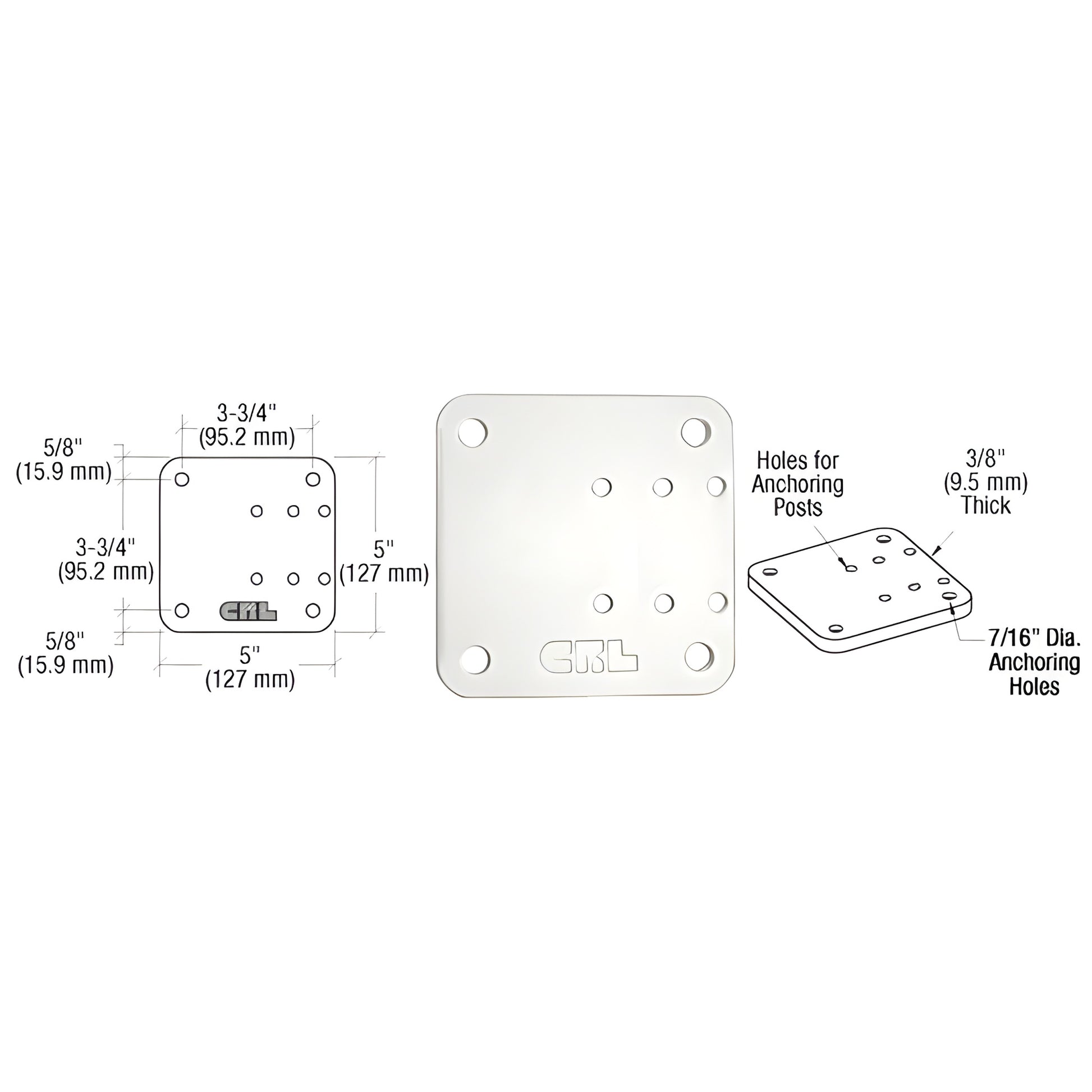 BP05W sky-white aluminum offset base plate, 5 in square, countersunk anchor holes for side-mounted 2-3/8 in posts