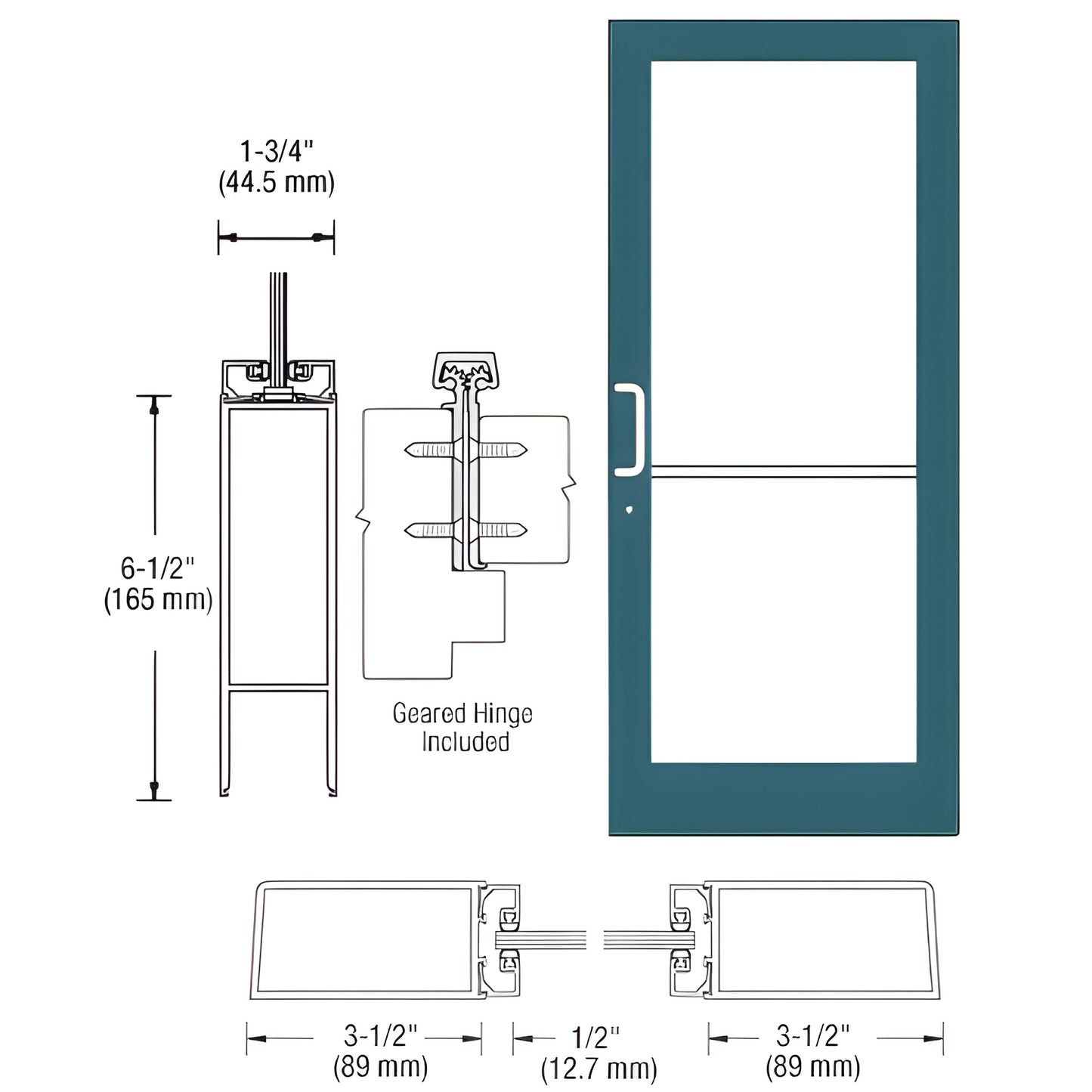 Custom Medium Stile Entrance Door SKU DC41871, teal aluminum frame around glass with push/pull hardware and dimension diagram