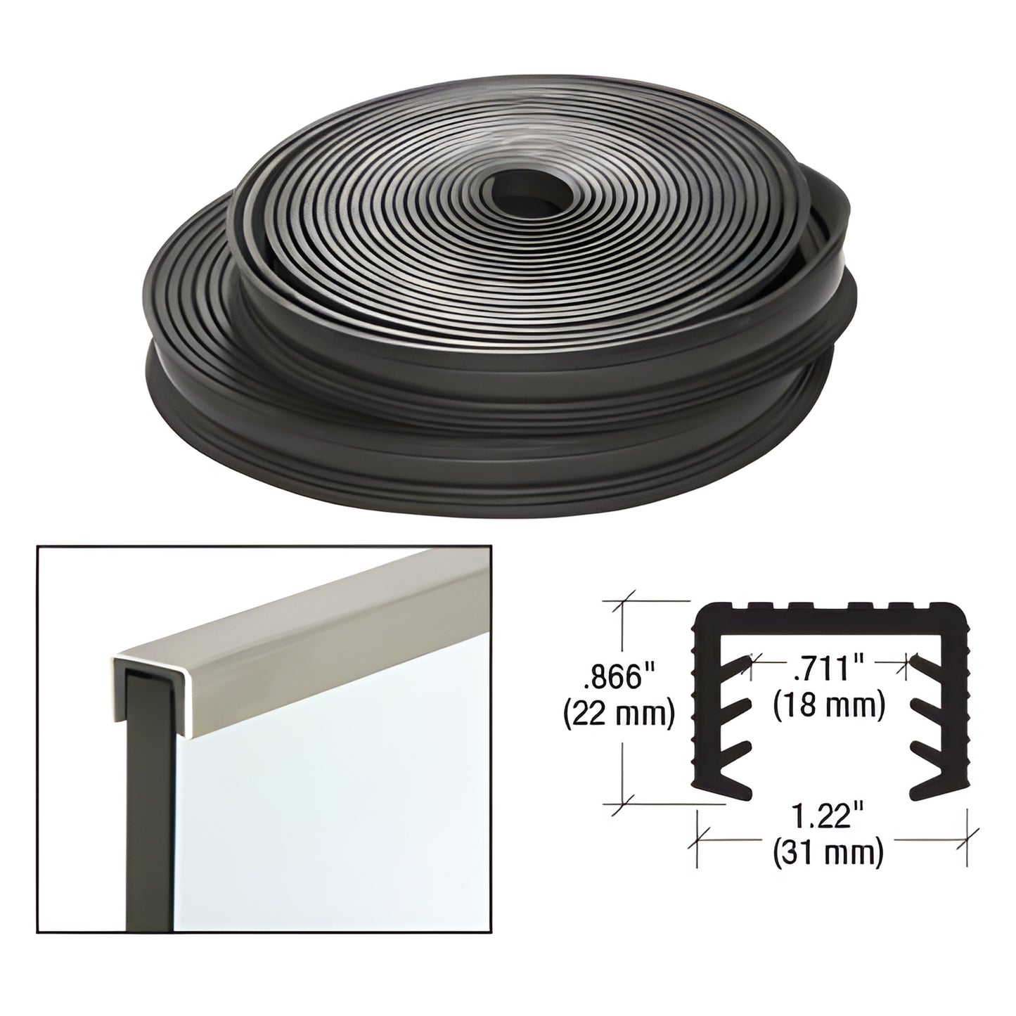 LR21PV black rubber roll insert for L10 U channel railing, cushions 27/32" (21.5mm) laminated glass