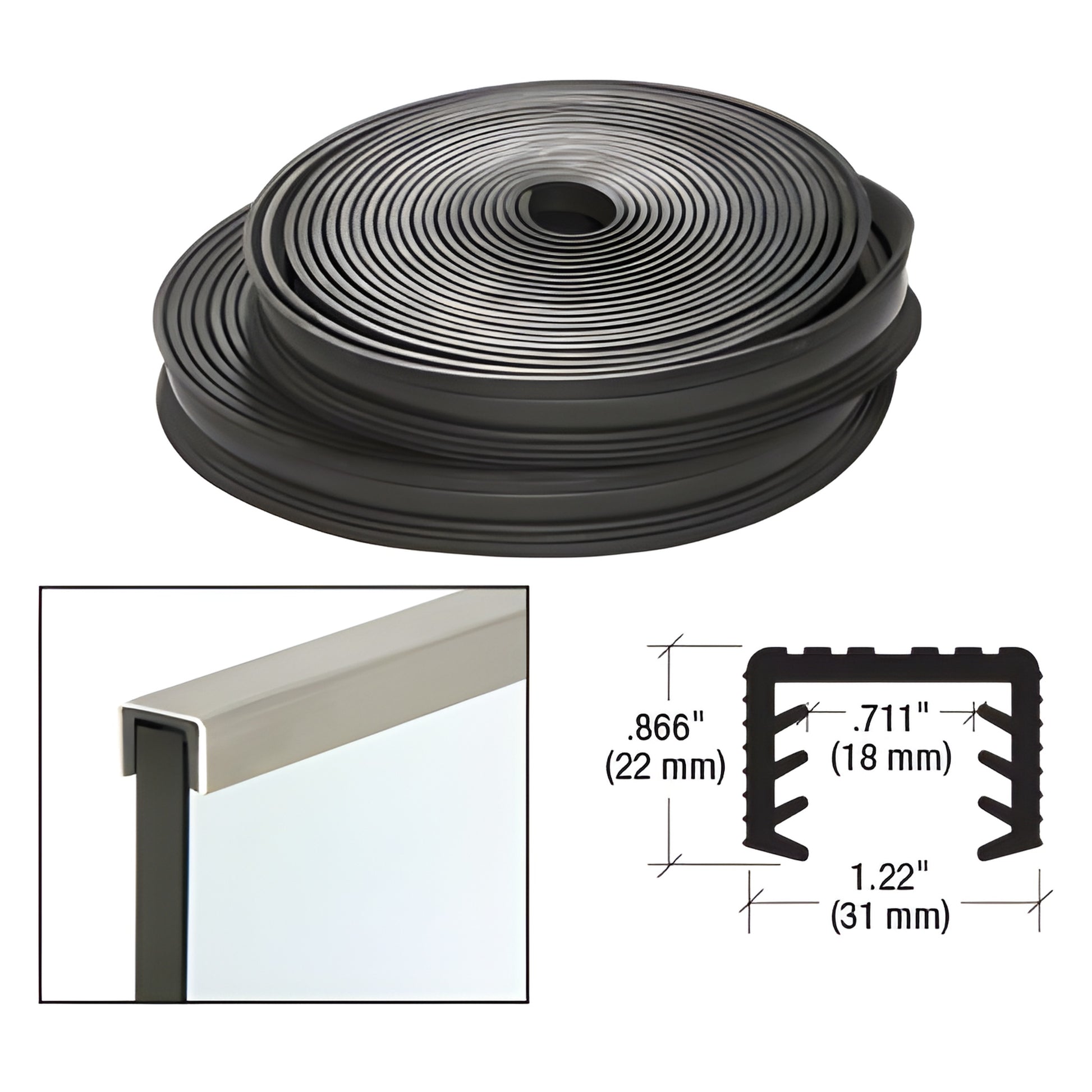LR21PV black rubber roll insert for L10 U channel railing, cushions 27/32" (21.5mm) laminated glass