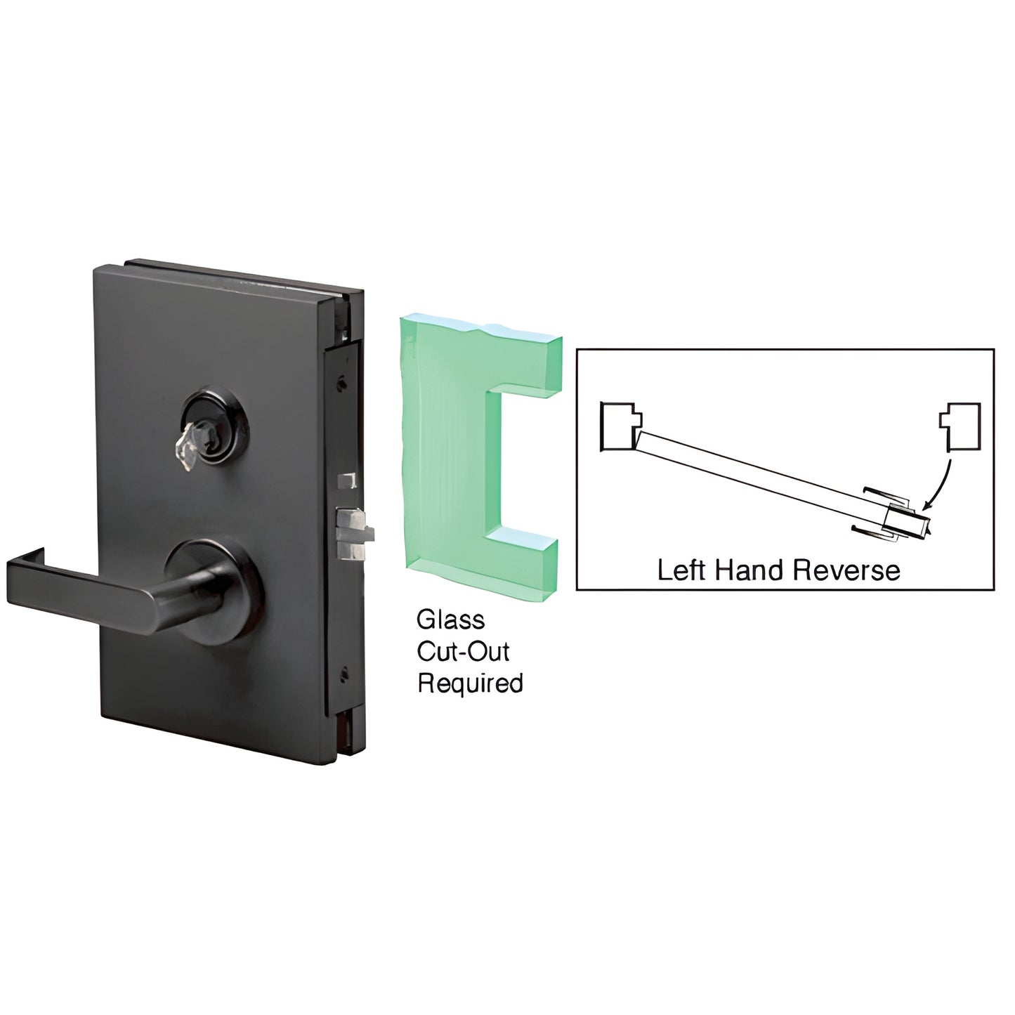 Matte black 6x10 center lock for 1/2" tempered glass, left-hand reverse with lever and key (SKU DL611LSMBL)
