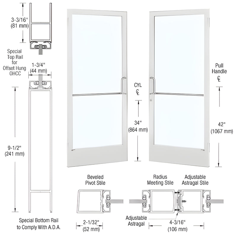 White Kynar narrow-stile commercial entrance door with large glass and ADA 91 2" bottom rail, SKU DE22452.
