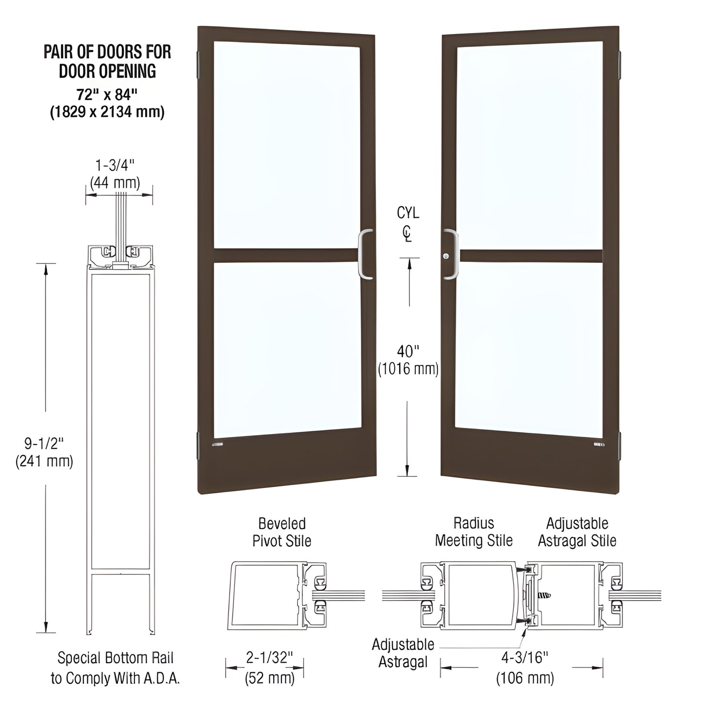 Pair of black bronze anodized narrow-stile storefront doors with glass panels, ADA 9-1/2" bottom rail. SKU CZ22522