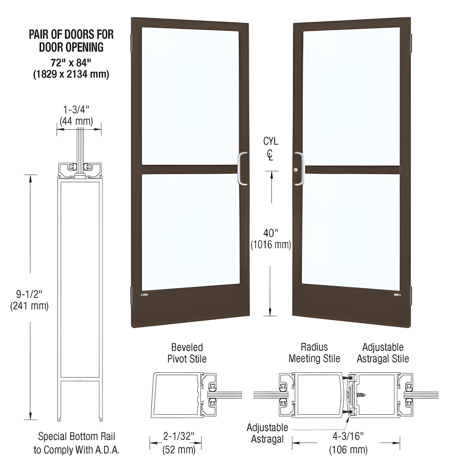 Pair of black bronze anodized narrow-stile storefront doors with glass panels, ADA 9-1/2" bottom rail. SKU CZ22522