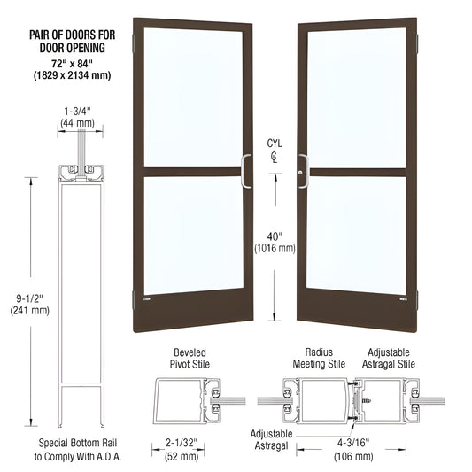 Pair of black bronze anodized narrow-stile storefront doors with glass panels, ADA 9-1/2" bottom rail. SKU CZ22522