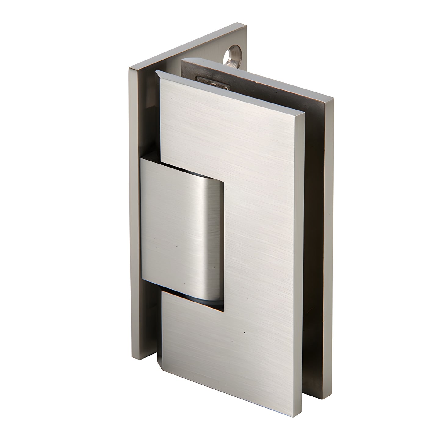 Vienna V1E344BN brushed-nickel adjustable offset wall-mount shower hinge for 10-12mm glass, squared modern design.
