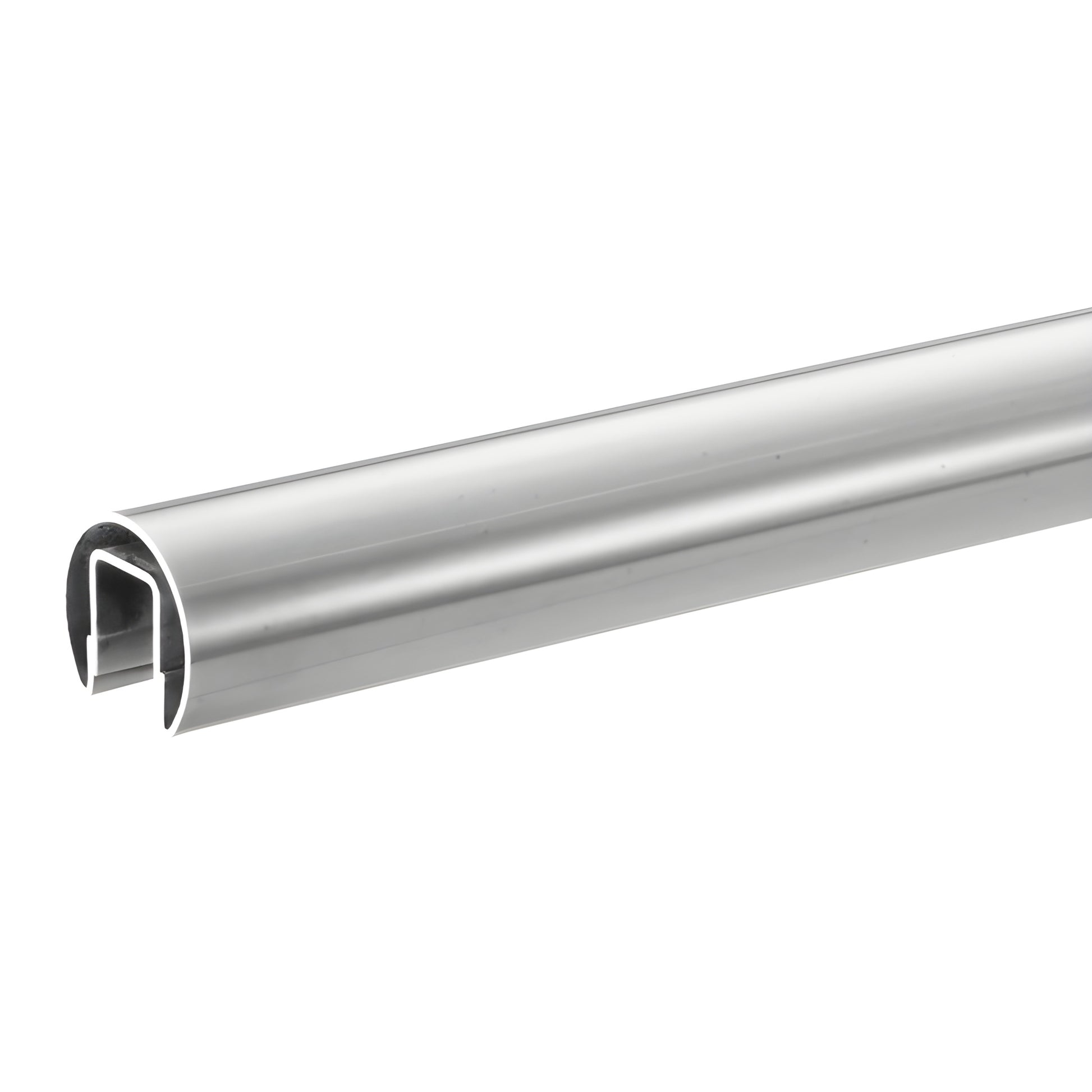 Polished stainless steel cap rail (SKU GR16PS6), 1.66" dia, 120" length, U-shaped channel for glass railing.