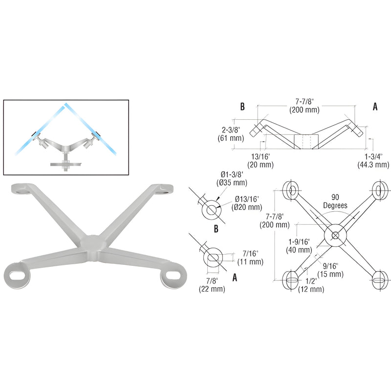 CRL PMR490BS stainless steel four-arm corner fitting for joining two 90 tempered glass panels (up to 1/2" / 12 mm)