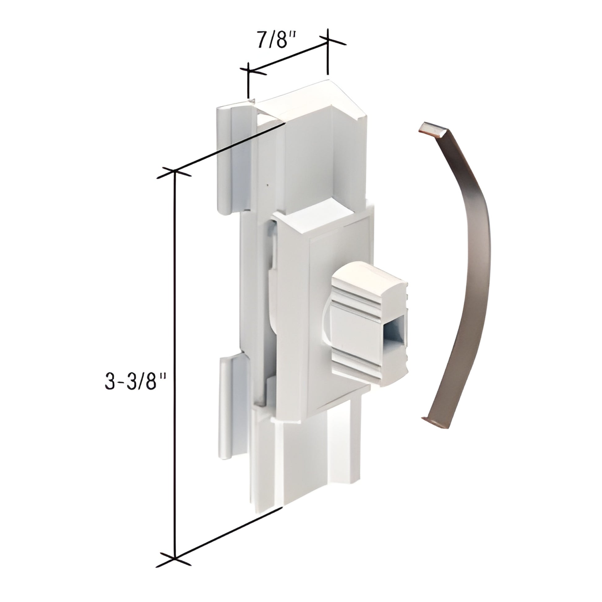 White diecast window latch/pull (SKU F2650) for Superior sliding windows, 3-3/8" tall x 7/8" wide, with built-in night lock.