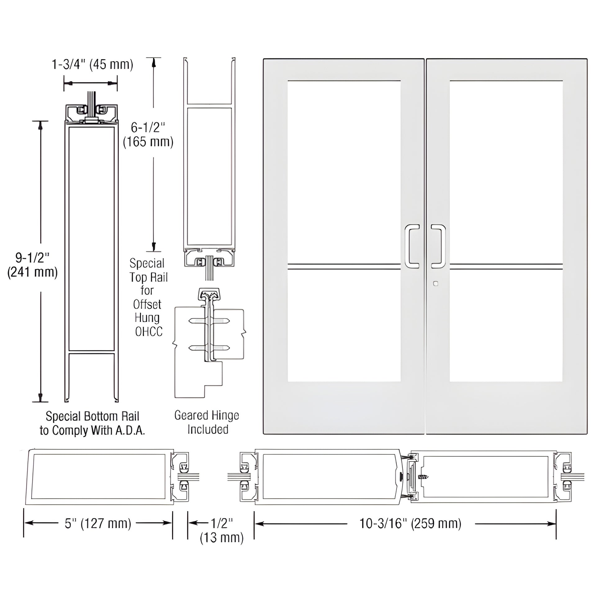 DE52952 white Kynar commercial double entrance door with wide stiles, tempered glass panels and ADA-compliant bottom rail