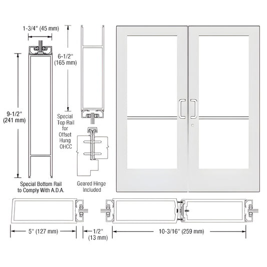 DE52952 white Kynar commercial double entrance door with wide stiles, tempered glass panels and ADA-compliant bottom rail