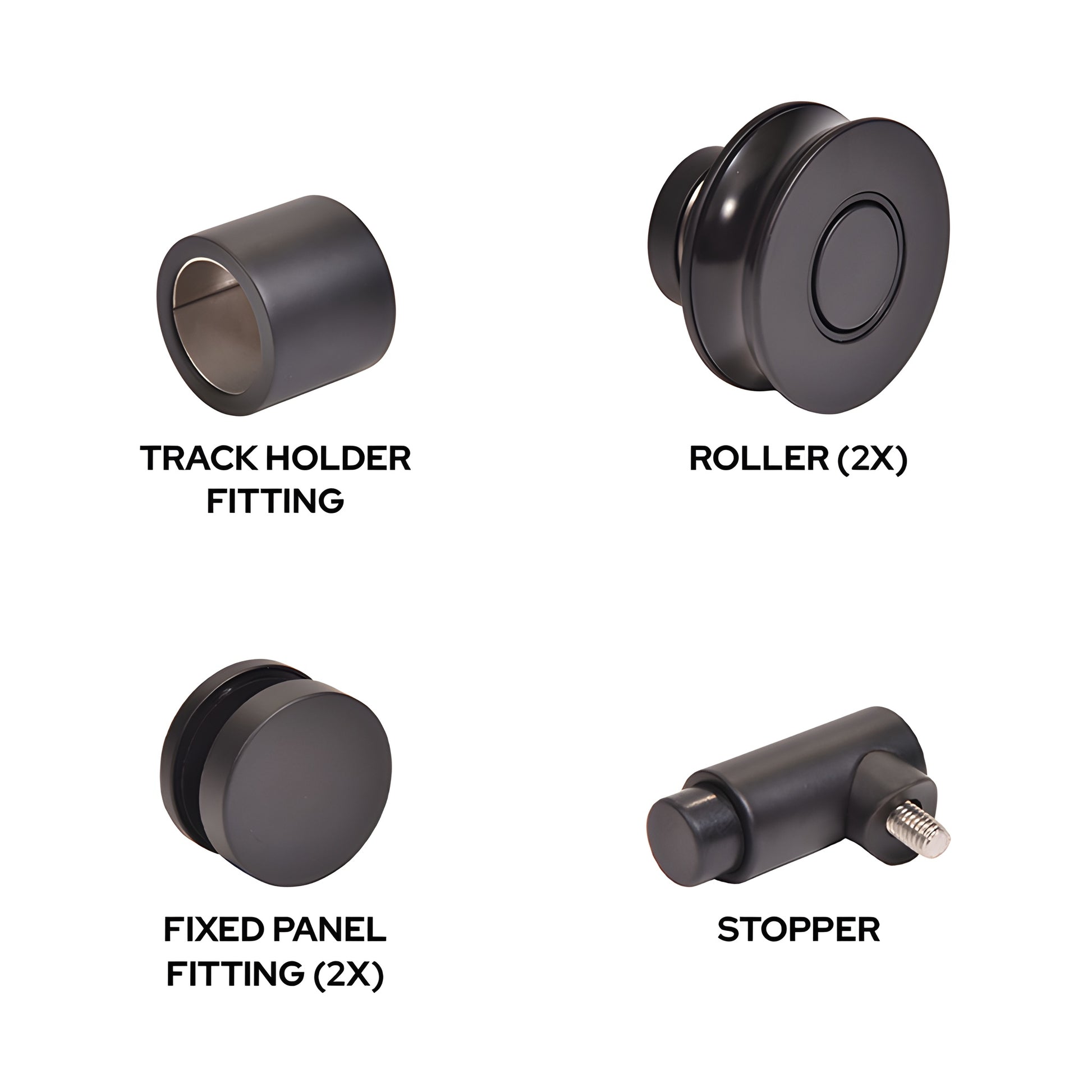 Matte black Colonia replacement kit CLNHDWKMBL - stainless steel rollers, fittings & stopper for 180 sliding shower door