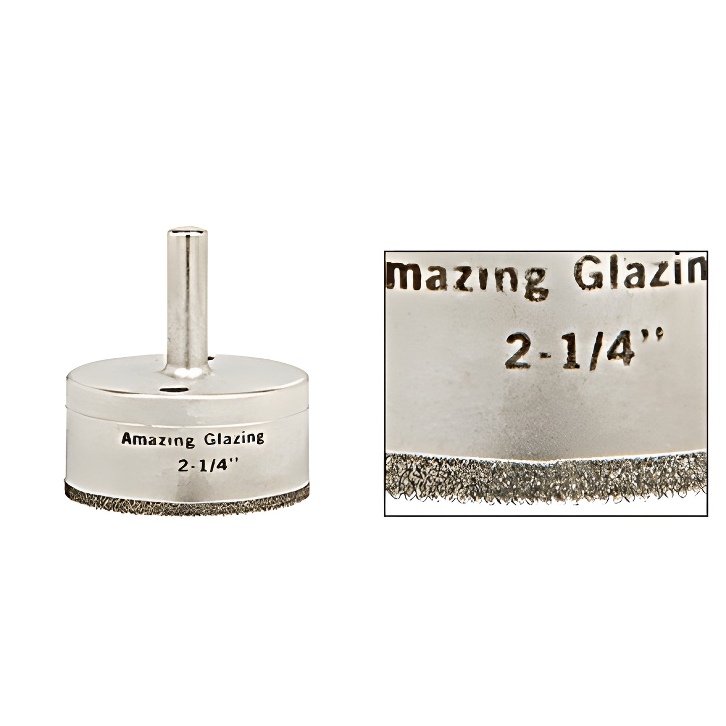 2-1/4" diamond-plated glass drill bit with reduced round 3/8" shank, "Amazing Glazing" label - SKU AG214