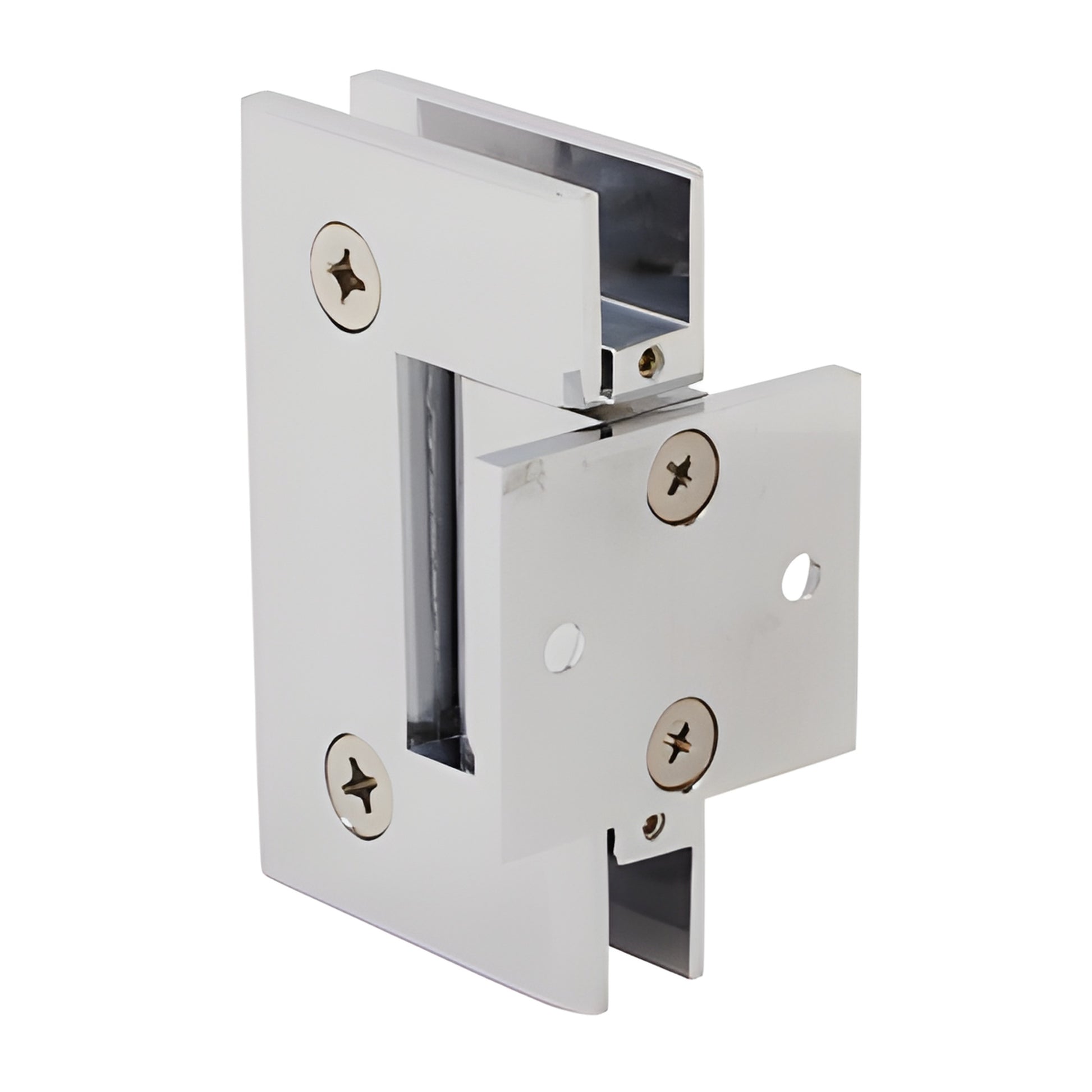 GEN280CH polished chrome pony wall mount hinge for frameless shower door, solid brass, short back plate, self-centering