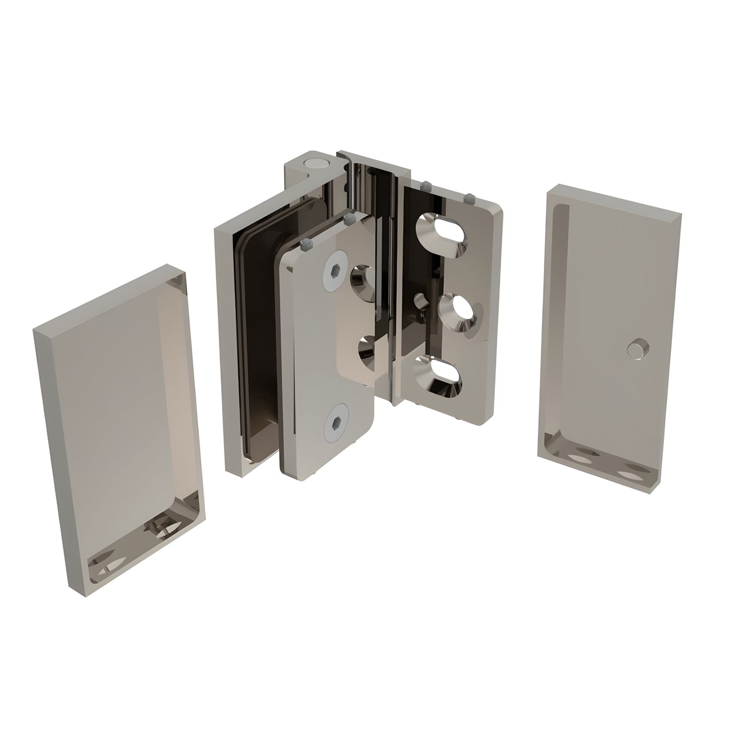 Brushed-nickel Como wall-mount glass shower hinge (SKU C0M044BN), square profile for 8-10mm tempered glass, offset back plate