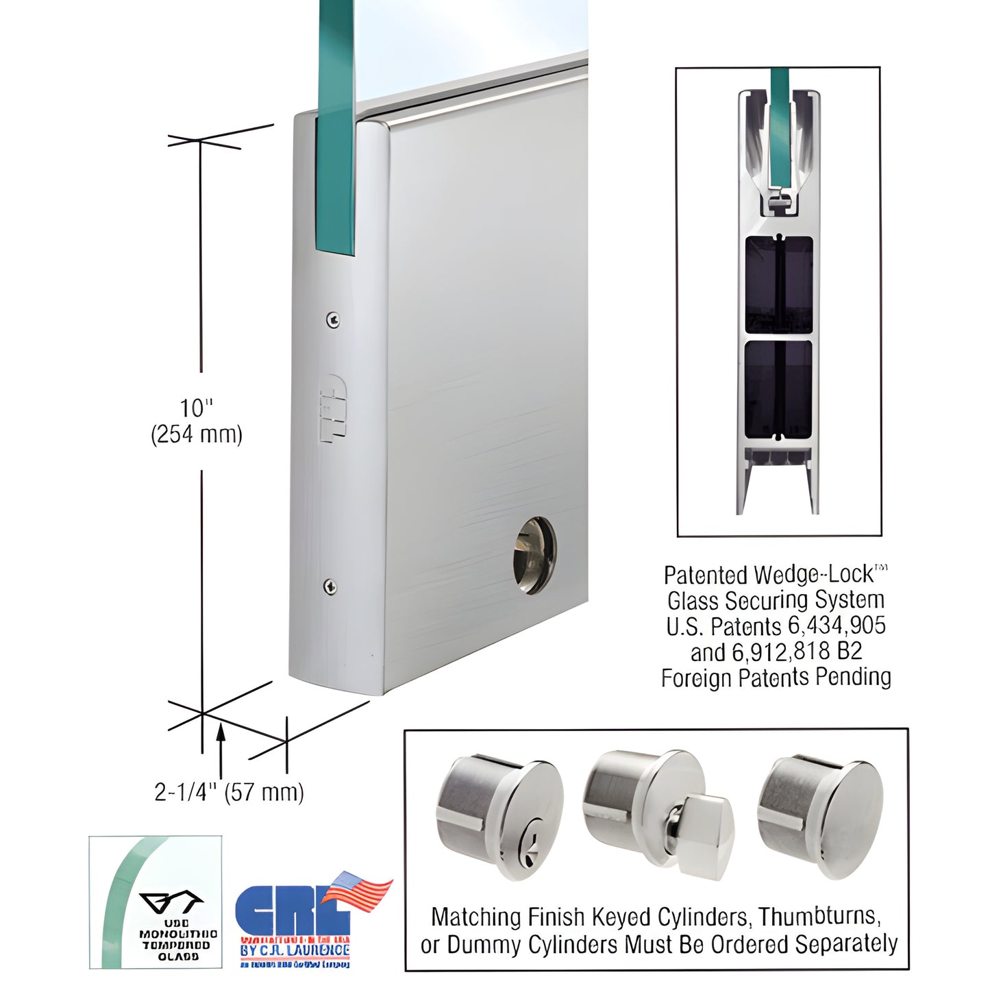 Brushed stainless steel 10" square bottom door rail for 5/8" glass, 35-3/4" length with Wedge-Lock system