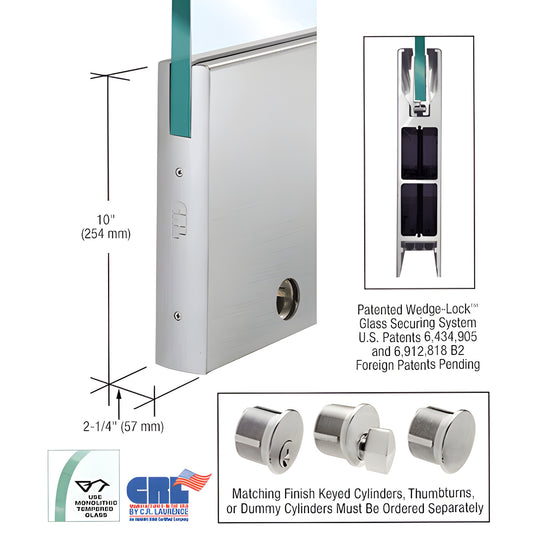Brushed stainless steel 10" square bottom door rail for 5/8" glass, 35-3/4" length with Wedge-Lock system