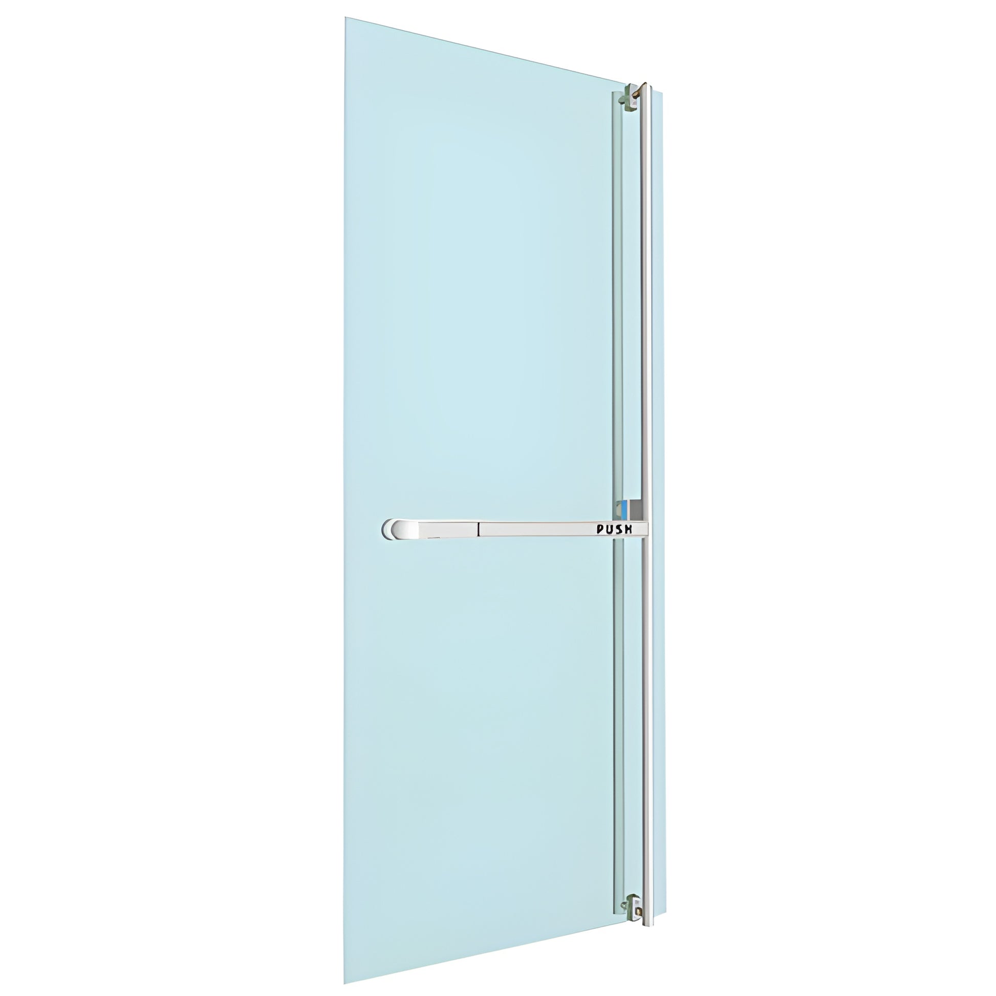 Polished stainless steel PA-300 panic bar with slim vertical pull on all-glass door, right-hand reverse