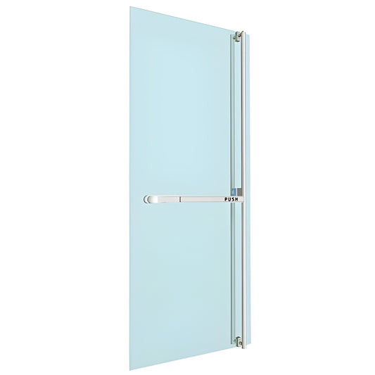 Polished stainless steel PA-300 panic bar with slim vertical pull on all-glass door, right-hand reverse