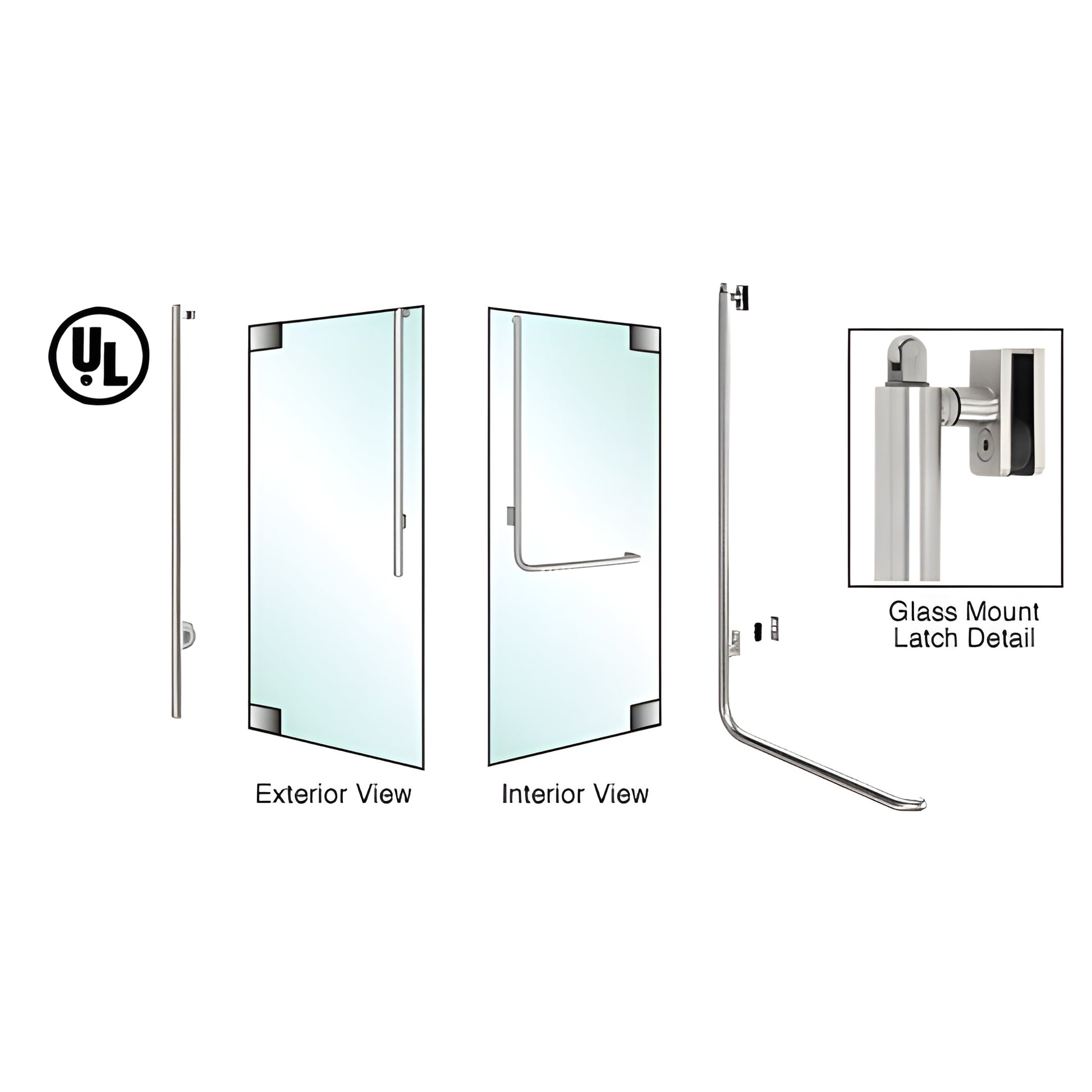 Brushed stainless tubular panic handle PA100JS4GKBS for 1/2 in. tempered glass doors, exterior keyed, left-hand reverse
