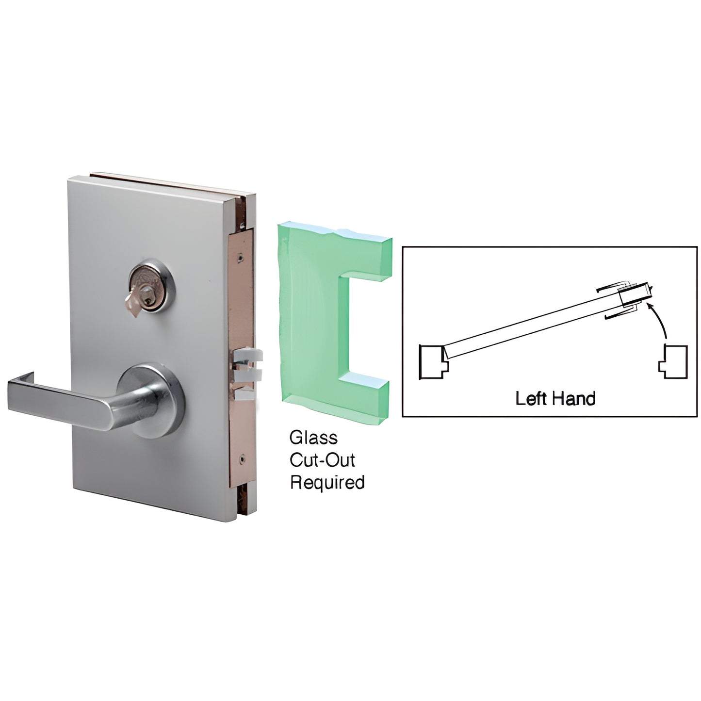 DL610LMBS brushed stainless 6 10 center lock with lever deadlatch for 1/2 (12mm) glass, left-hand.