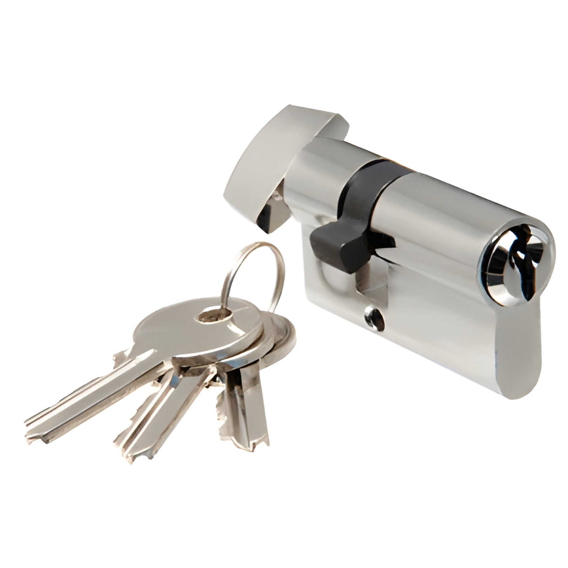 EC4BS brushed stainless key cylinder with thumbturn, standard length, shown with three keys on a keyring.