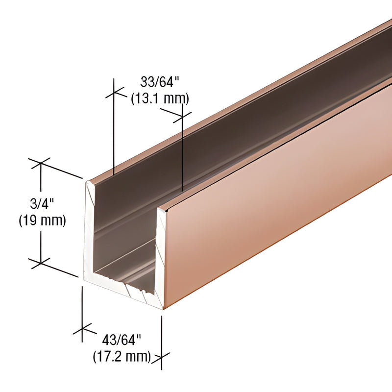 Polished copper deep aluminum U-channel SDCD12PC0 for 1/2" (12mm) glass - 3/4" high, 11/16" wide.