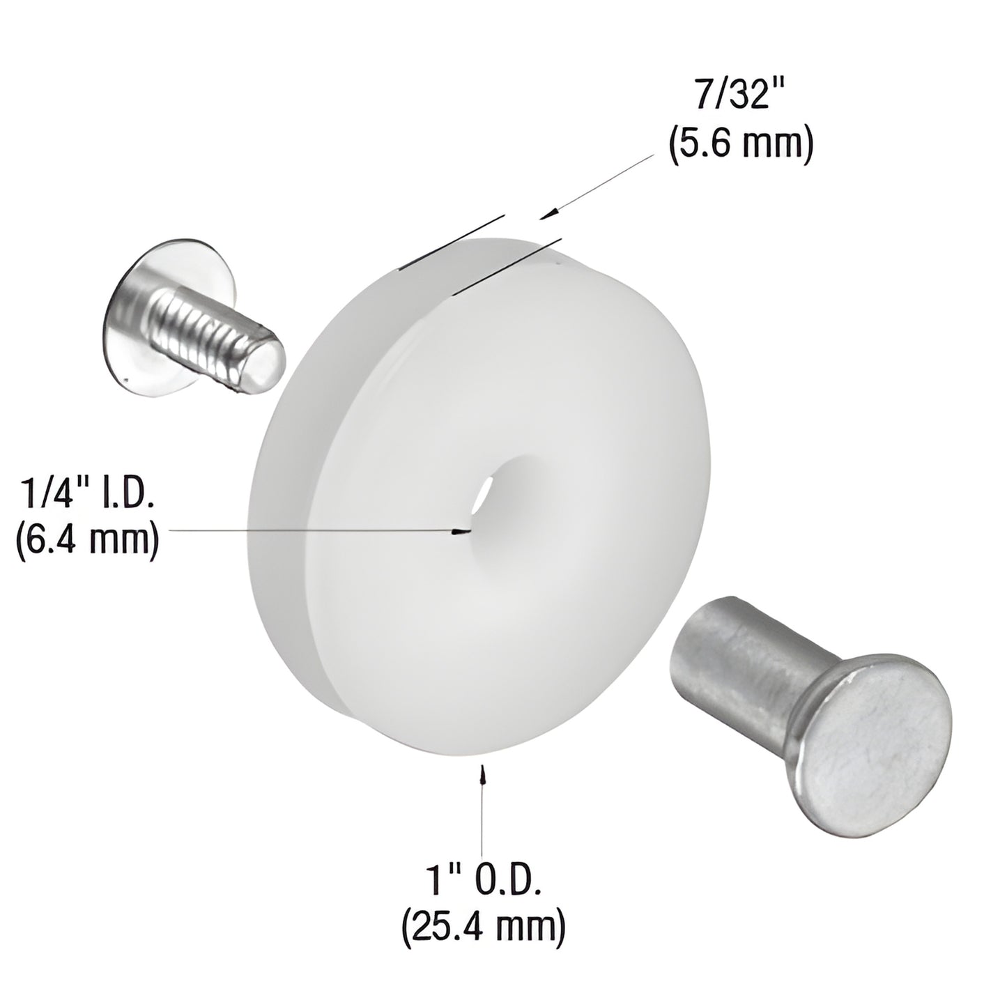 Nylon concave screen door roller kit SKU B551 with binder post nut and screw - 1 in OD, 1/4 in ID, 7/32 in width