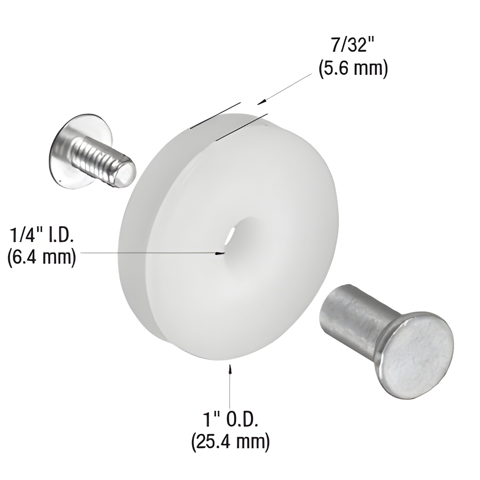 Nylon concave screen door roller kit SKU B551 with binder post nut and screw - 1 in OD, 1/4 in ID, 7/32 in width