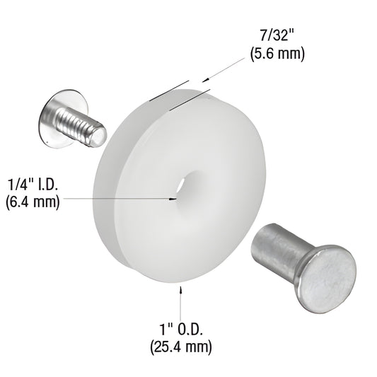 Nylon concave screen door roller kit SKU B551 with binder post nut and screw - 1 in OD, 1/4 in ID, 7/32 in width
