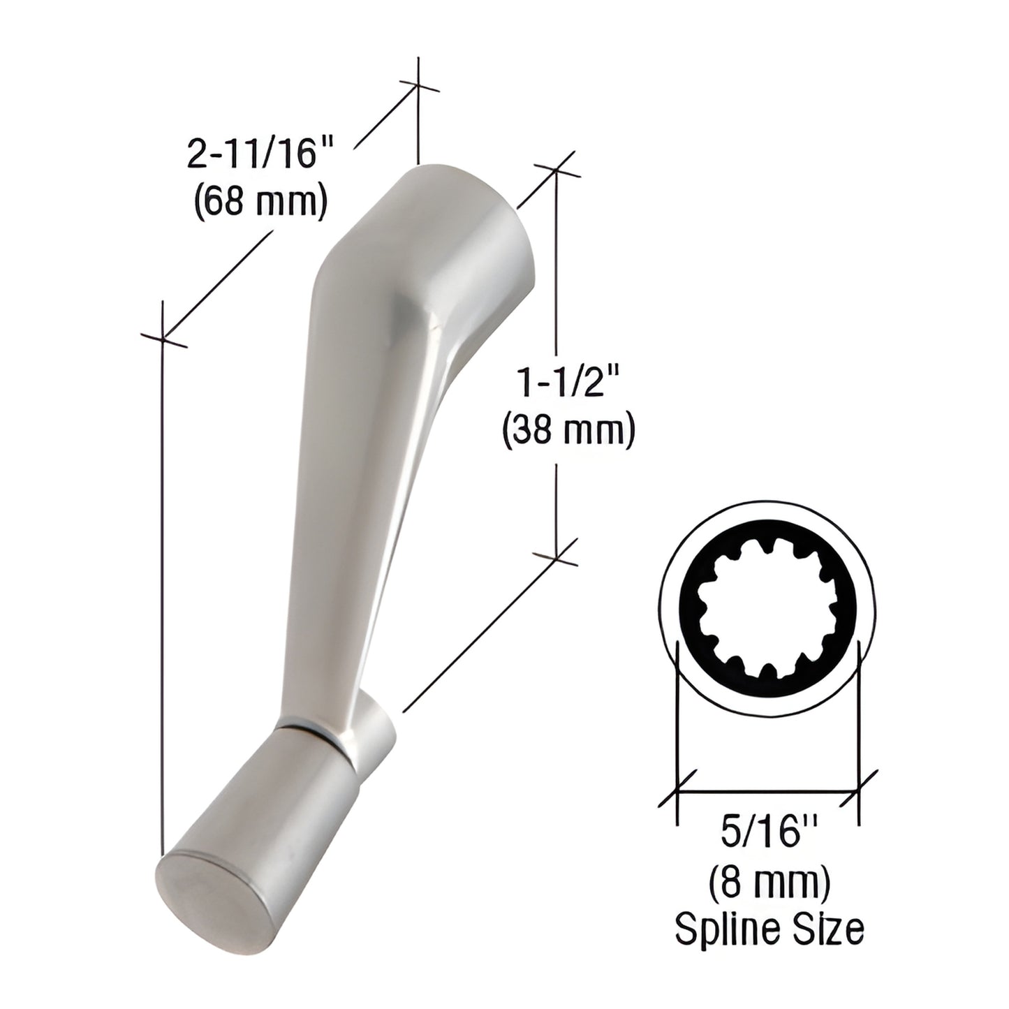 Aluminum casement window handle SKU H3531 - diecast, 5/16" (8mm) spline, 1-1/2" high, 2-11/16" long