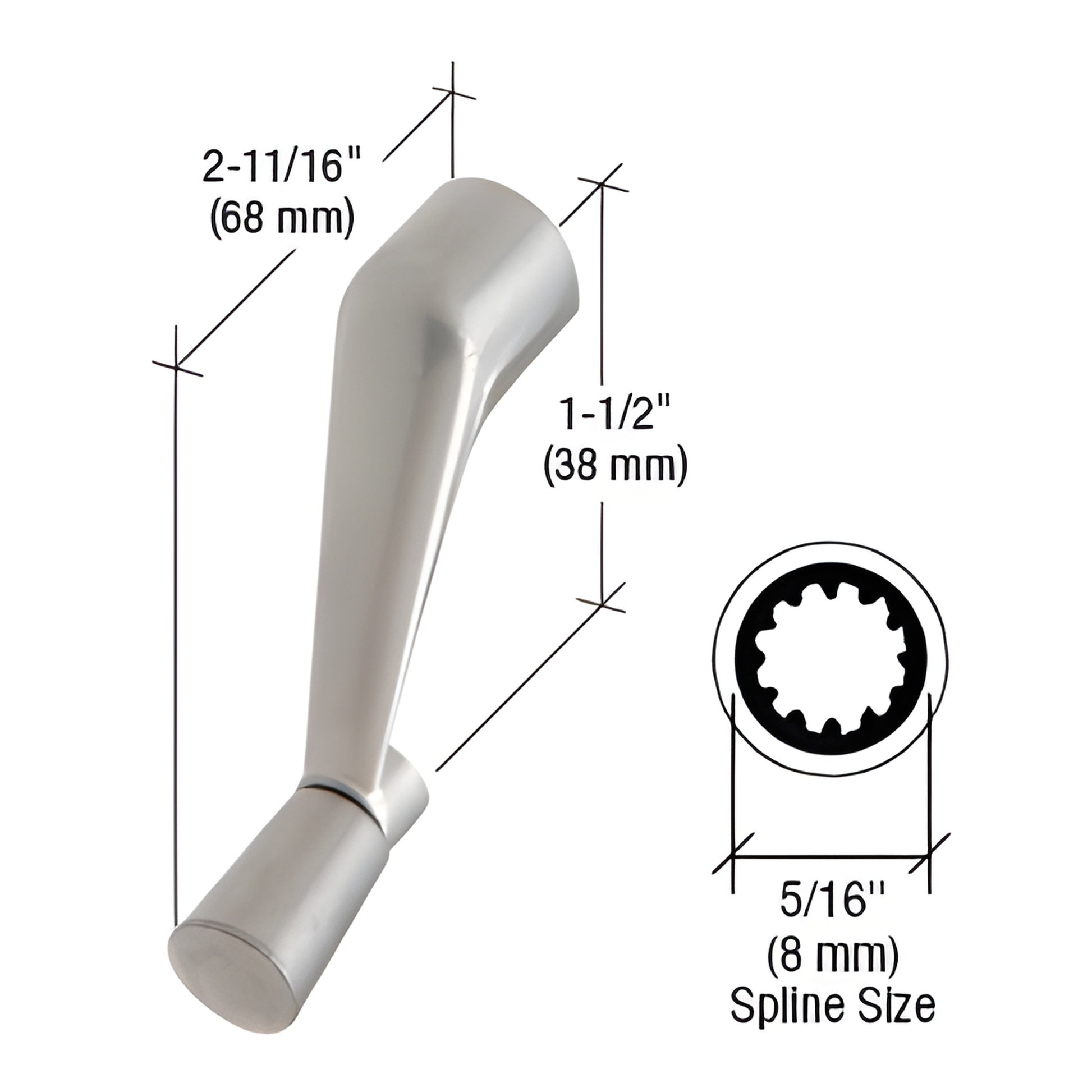 Aluminum casement window handle SKU H3531 - diecast, 5/16" (8mm) spline, 1-1/2" high, 2-11/16" long
