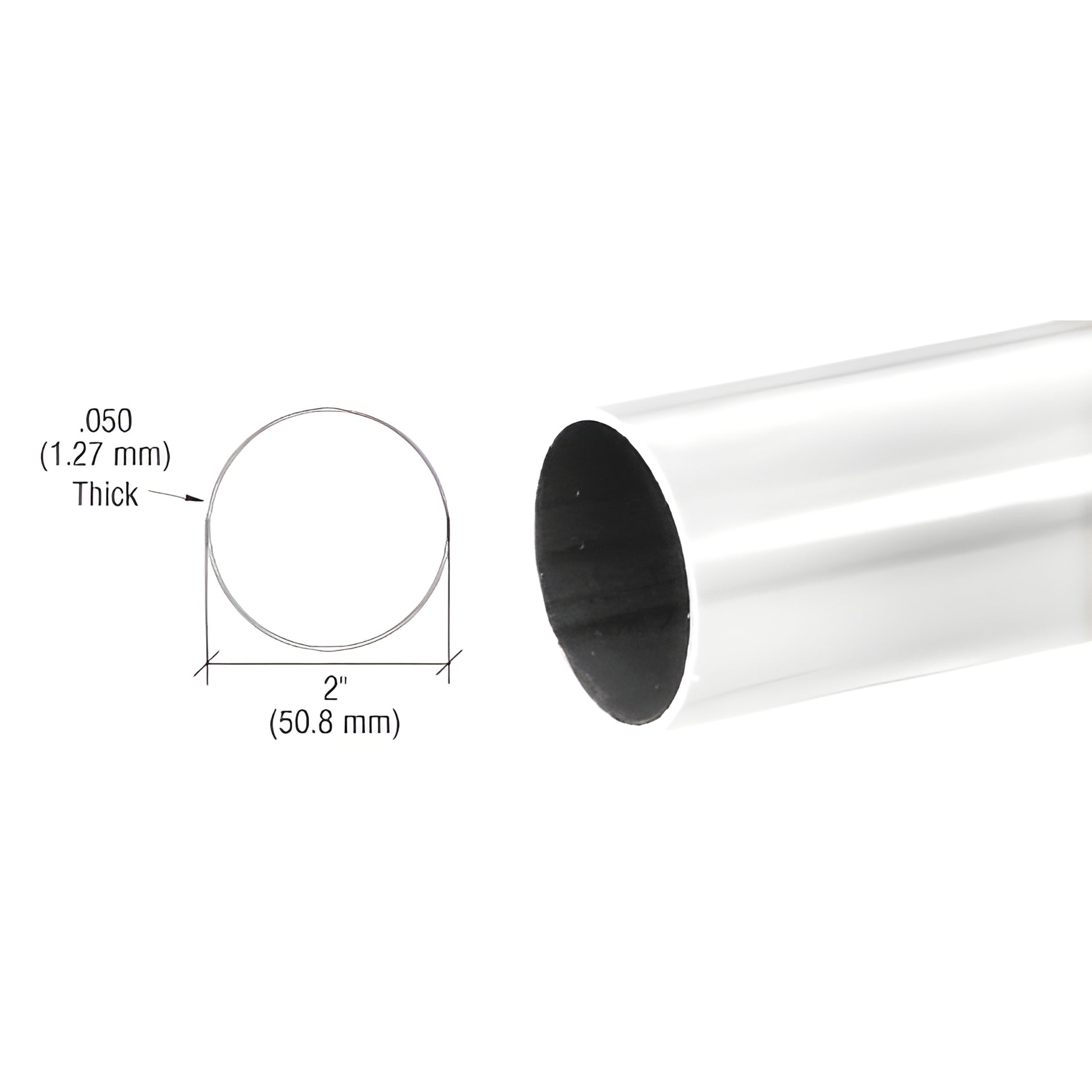 HR20PS polished 304 stainless steel round tubing, 2" diameter, .050" wall thickness, open-ended.